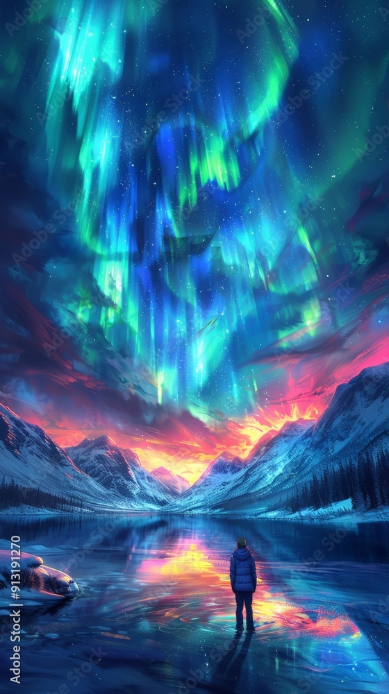 Stunning northern lights over a snowy landscape.
Stunning northern lights over a snowy landscape.