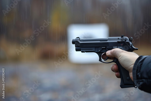 A Skilled Shooter Demonstrating Precision and Control While Aiming an Automatic Pistol at the Target Range photo