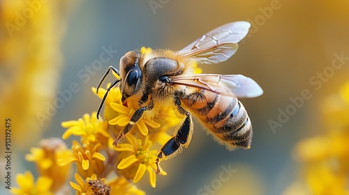 Honey Bee Collecting Nectar From Bright Yellow Flowers During Daylight Hours