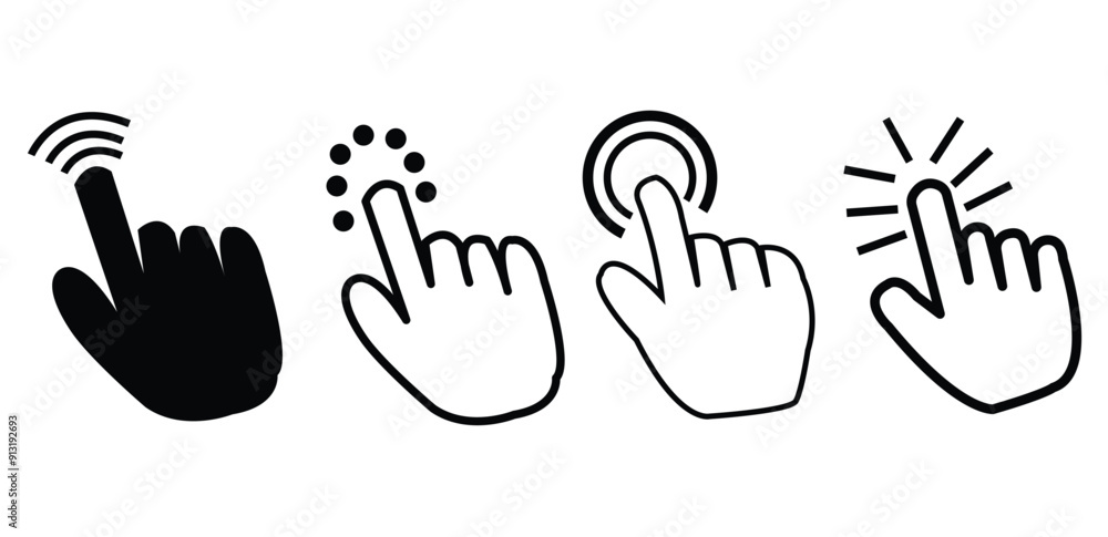 Hand cursor icon set. hand click pointer. Clicking finger icon. Computer mouse click set. click icon vector. Hand cursor icon set. hand click pointer. Clicking finger icon. Computer mouse click set. click icon vector.