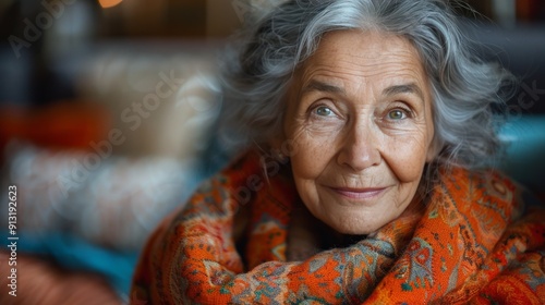 Older Woman With White Hair and Scarf
