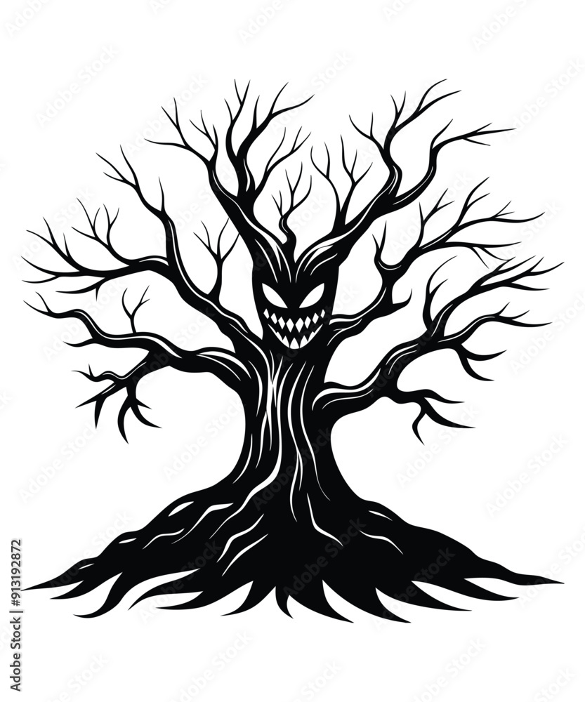 Obraz premium Silhouette Spooky And Scary Halloween Monster Evil Tree Vector Illustration
