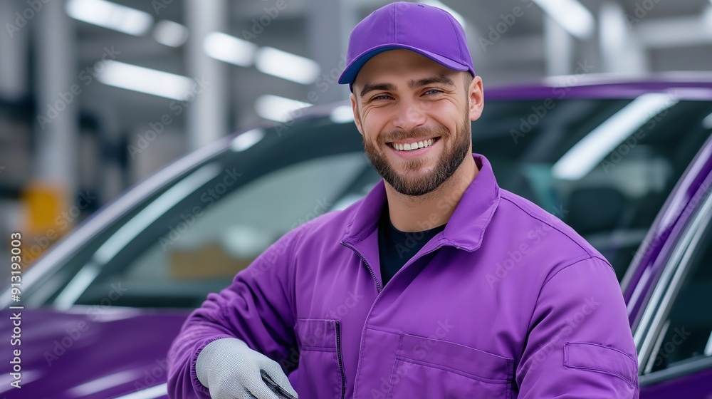 A man in a purple shirt and hat is smiling at the camera. He is wearing gloves and is standing next to a car A man in a purple shirt and hat is smiling at the camera. He is wearing gloves and is standing next to a car