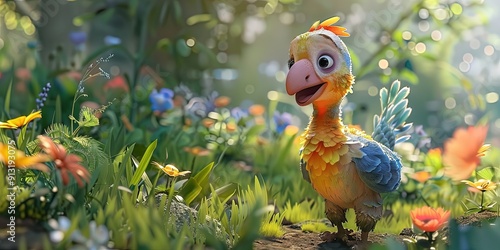 dodo bird 3D animation cartoon style, colorful, happy, friendly, 3d cartoon, nature, outdoors