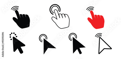 Computer mouse click pointer cursor arrow flat icon set for apps and websites. Clicking cursor, pointing hand click icon set vector illustration.