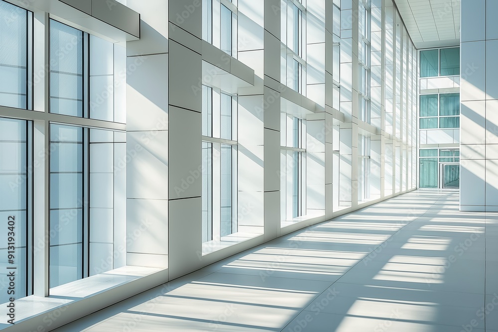A modern, bright hallway with large windows casting shadows on the floor, featuring a minimalist design and white walls A modern, bright hallway with large windows casting shadows on the floor, featuring a minimalist design and white walls