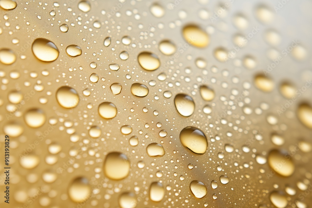 Close-up of water droplets on a tan surface, highlighting texture and reflections from the light Close-up of water droplets on a tan surface, highlighting texture and reflections from the light