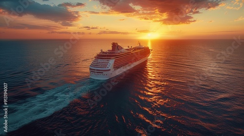 Cruise Ship Sailing in Ocean at Sunset