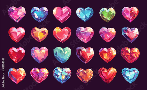 Crystals in heart shape set. Cute pink, red, blue hearts for Valentine day, vector love symbol