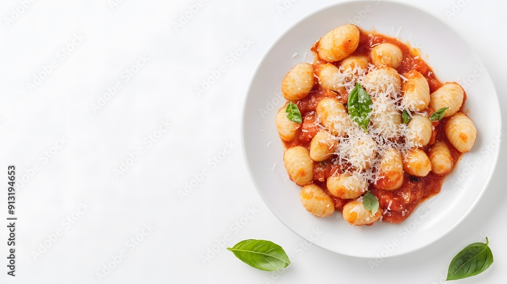 A realistic top view of a plate of Italian gnocchi with a rich tomato basil sauce and grated Parmesan, set against a white background, Italian food A realistic top view of a plate of Italian gnocchi with a rich tomato basil sauce and grated Parmesan, set against a white background, Italian food
