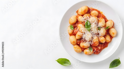 A realistic top view of a plate of Italian gnocchi with a rich tomato basil sauce and grated Parmesan, set against a white background, Italian food