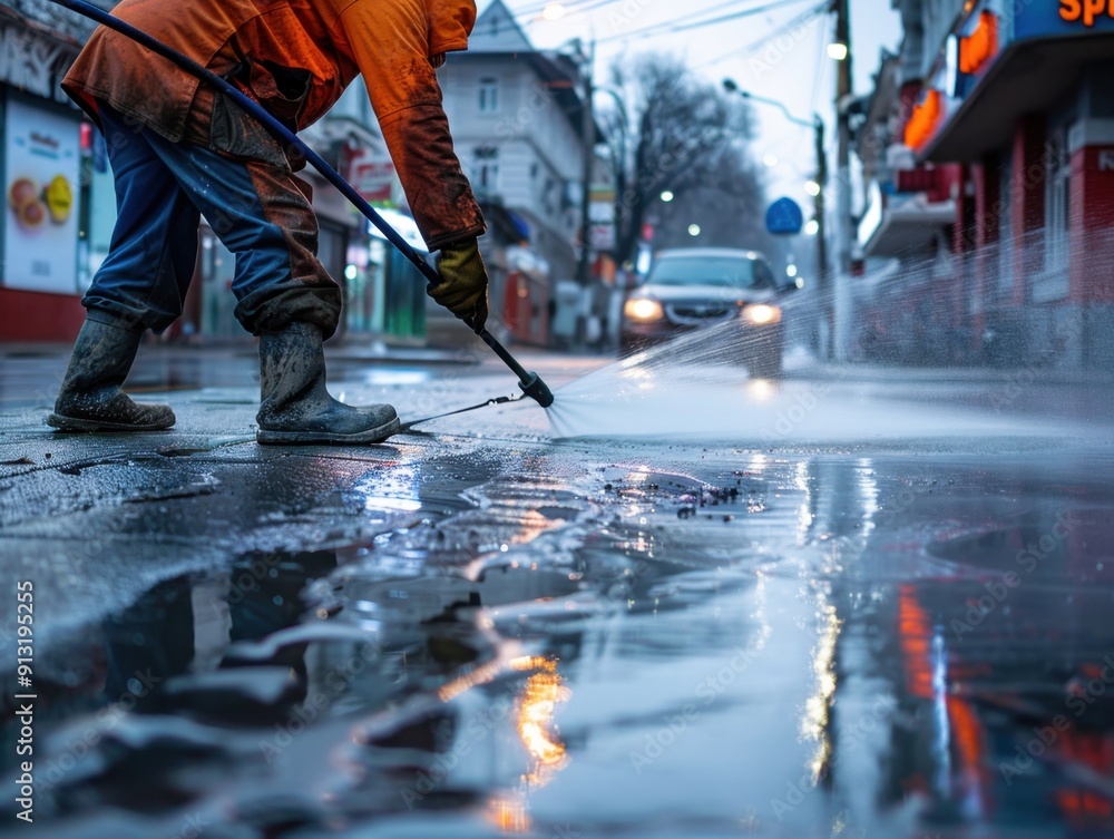Obraz premium City Worker Spraying Water on Road to Clean Street During Daytime in Urban Area