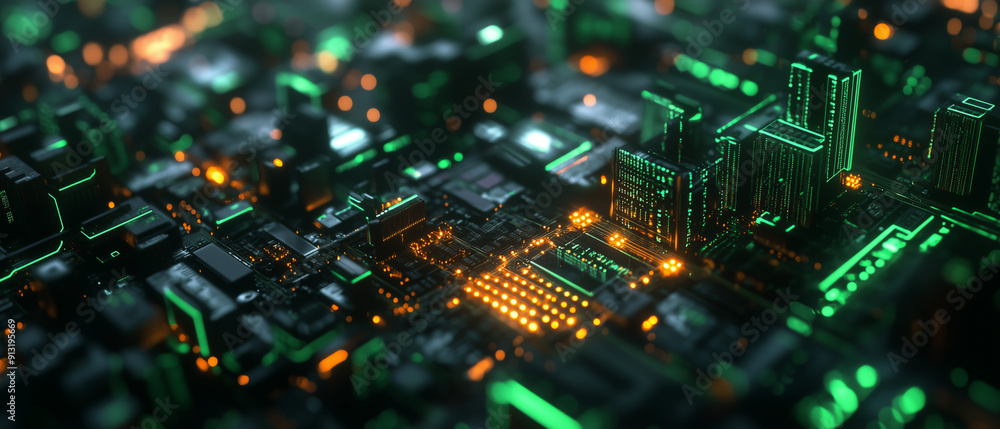 3D render of a futuristic cityscape with glowing digital data and circuit board elements, set against a black background with green lighting. 3D render of a futuristic cityscape with glowing digital data and circuit board elements, set against a black background with green lighting.