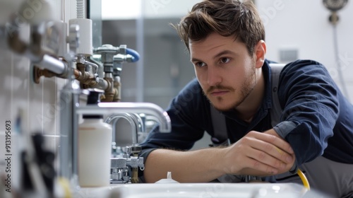 The plumber fixing pipes photo