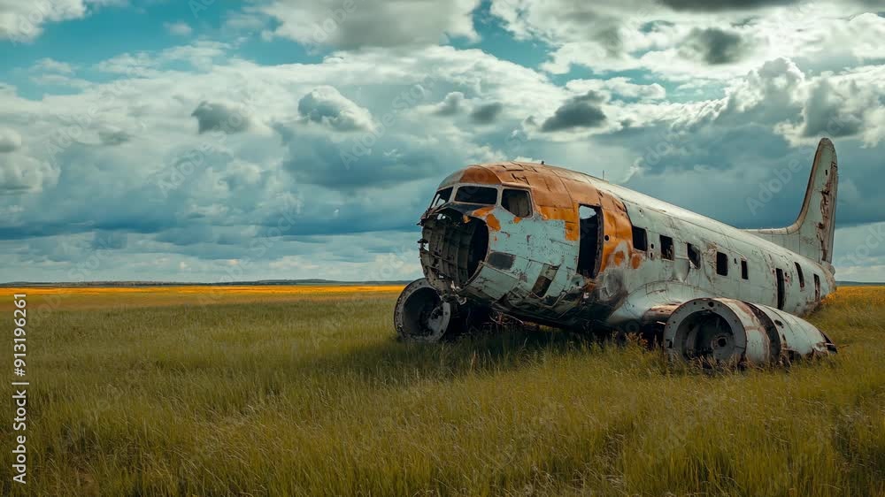 custom made wallpaper toronto digitalAirplane ruins in the field. Crashed plane wreck in meadow. Aviation disaster and air accident concept. Abandoned wrecked aircraft. Timelapse of changing sky. Banner with copy space