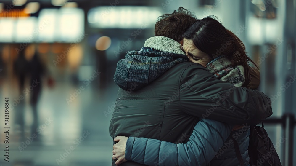A man and a woman are hugging each other in a cold, empty airport A man and a woman are hugging each other in a cold, empty airport