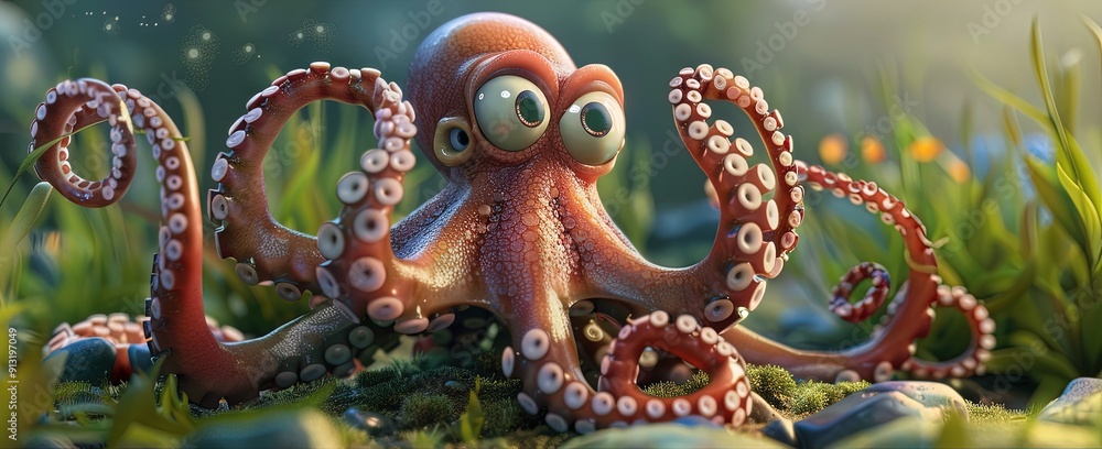 Fototapeta premium octopus 3D animation cartoon style, colorful, happy, friendly, 3d cartoon, nature, outdoors 