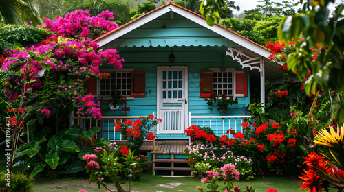 A quaint tropical cottage with a wraparound porch surrounded by vibrant flowers.