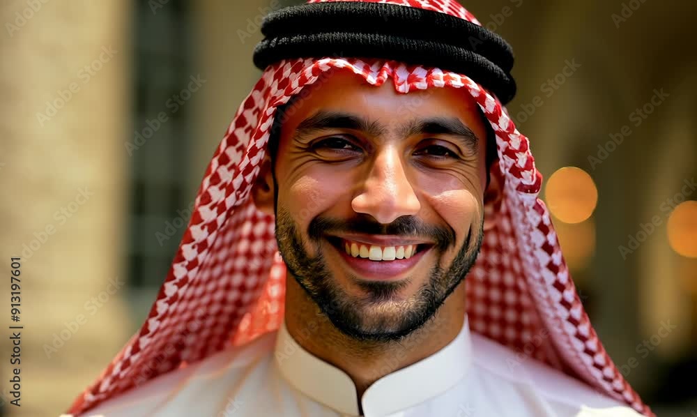 Portrait of handsome arabian man in traditional clothes smiling at camera Portrait of handsome arabian man in traditional clothes smiling at camera