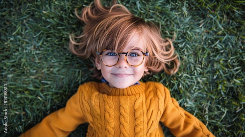 Young Girl With Glasses Relaxing on Grass