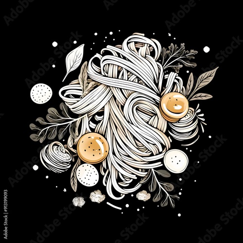 noodles monochrome sketch illustration on a dark background
