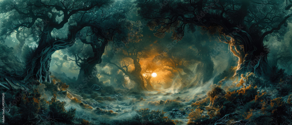 Fantasy forest with scary trees at night, lights and moon, dark magical spooky woods. Cinematic view of fairy tale world. Concept of Halloween, movie Fantasy forest with scary trees at night, lights and moon, dark magical spooky woods. Cinematic view of fairy tale world. Concept of Halloween, movie