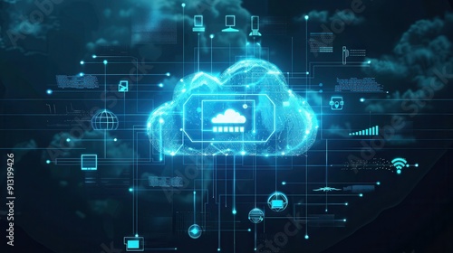 Futuristic representation of cloud technology with data connections and digital interfaces, illustrating modern cloud computing concepts. photo