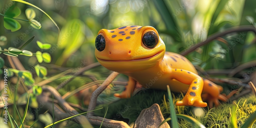 salamander 3D animation cartoon style, colorful, happy, friendly, 3d cartoon, nature, outdoors