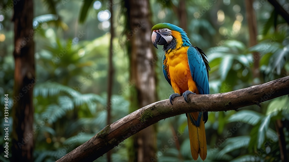 Vibrant macaw perched rainforest tree Vibrant macaw perched rainforest tree