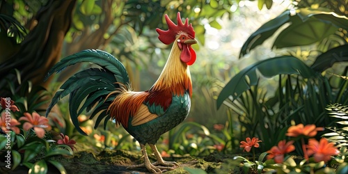 rooster 3D animation cartoon style, colorful, happy, friendly, 3d cartoon, nature, outdoors 