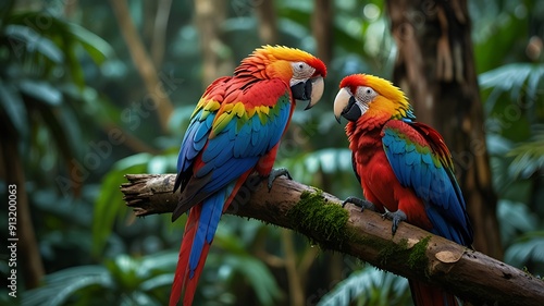 Vibrant macaw perched rainforest tree photo