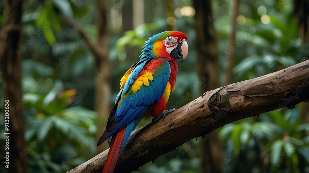 Vibrant macaw perched rainforest tree Vibrant macaw perched rainforest tree