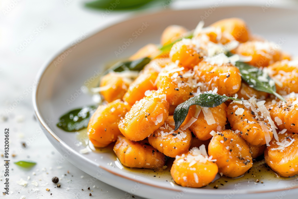Delicious homemade gnocchi served with fresh herbs and grated cheese on a light stone backdrop. Delicious homemade gnocchi served with fresh herbs and grated cheese on a light stone backdrop.