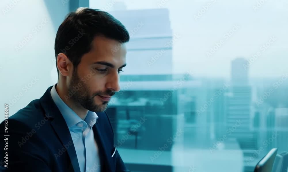 A young businessman in a business suit works at a laptop, takes his eyes off the computer and looks to the side, dreaming. Camera fly around, zoom in. A young businessman in a business suit works at a laptop, takes his eyes off the computer and looks to the side, dreaming. Camera fly around, zoom in.