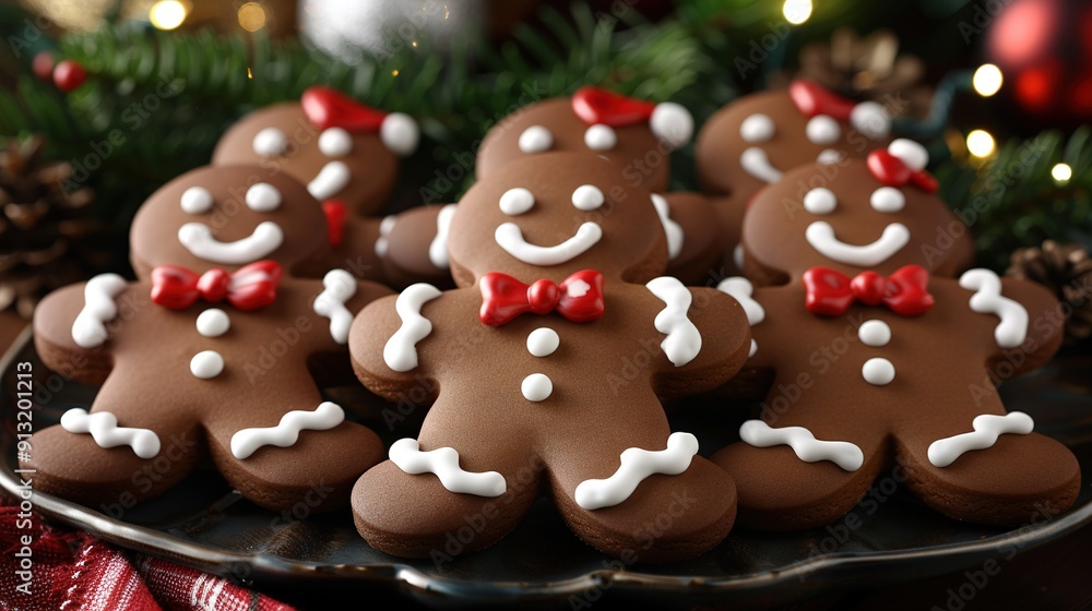 A close-up of a cookie decorated with gingerbread design and a happy face on it A close-up of a cookie decorated with gingerbread design and a happy face on it
