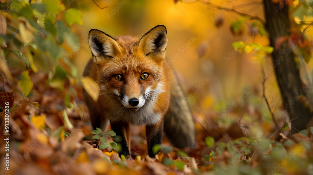 Naklejka premium A red fox hunting in a dense forest its fur blending with the autumn leaves.