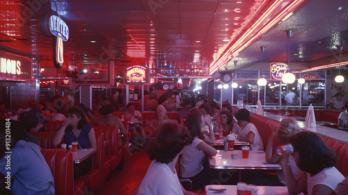 A retro diner with neon signs and customers in booths enjoying milkshakes 1971.