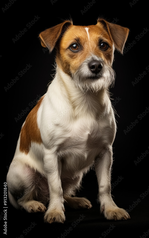 Full body shoot close up studio portrait Jack Russell dog isolated on black background, faithful pet Full body shoot close up studio portrait Jack Russell dog isolated on black background, faithful pet