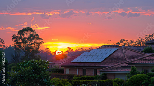 A rooftop solar installation on a residential home during sunset.