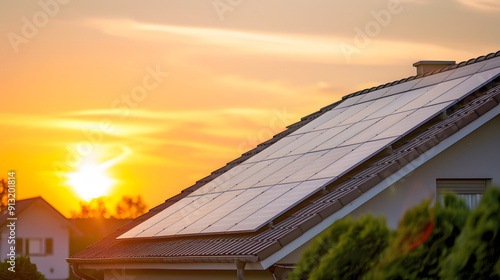 A rooftop solar installation on a residential home during sunset.