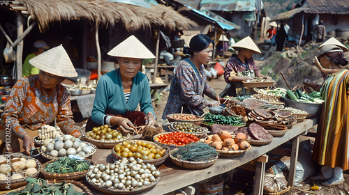 A rural village market with locals selling handmade crafts and produce 1970.