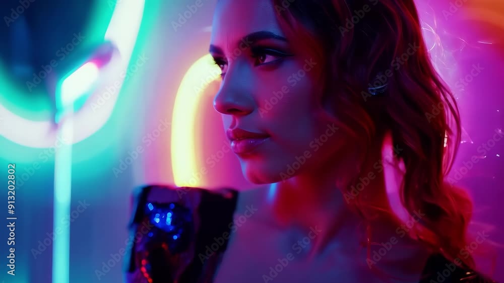 Cyberpunk-style of a reflective female character in a vibrant neon-lit environment 4k video Cyberpunk-style of a reflective female character in a vibrant neon-lit environment 4k video