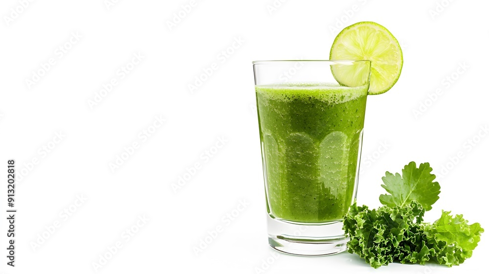 A realistic face view of a green smoothie with spinach, kale, and apple in a clear glass, garnished with a slice of lime and placed on a clean white background A realistic face view of a green smoothie with spinach, kale, and apple in a clear glass, garnished with a slice of lime and placed on a clean white background