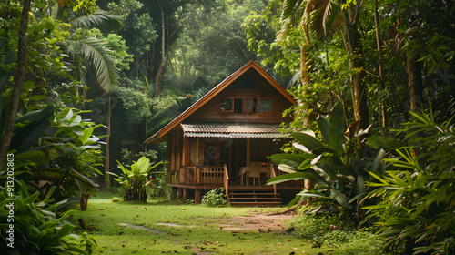 A rustic eco-cabin in a tropical forest surrounded by lush vegetation and wildlife.
