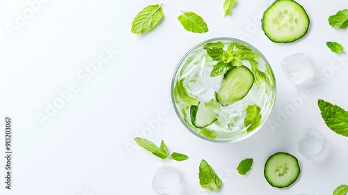 Wallpaper Mural A realistic top view of a refreshing cucumber and mint infused water in a glass with ice cubes, arranged on a white background Torontodigital.ca