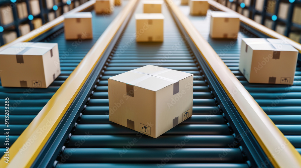 A close-up view of brown cardboard boxes moving on a conveyor belt in a logistics warehouse, showcasing efficient packaging processes. A close-up view of brown cardboard boxes moving on a conveyor belt in a logistics warehouse, showcasing efficient packaging processes.