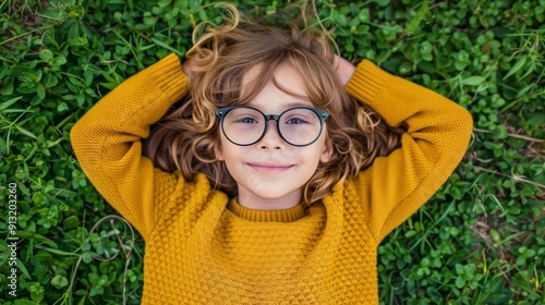 Young Boy With Glasses Laying on Grass