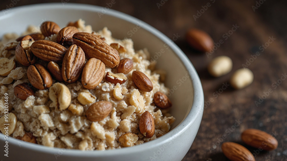 Oatmeal muesli with nuts close-up Oatmeal muesli with nuts close-up