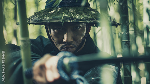 A samurai in a bamboo forest during a duel.