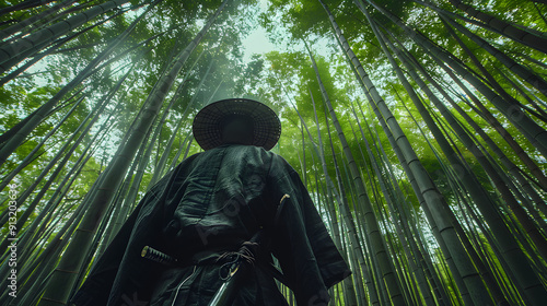 A samurai in a bamboo forest during a duel.